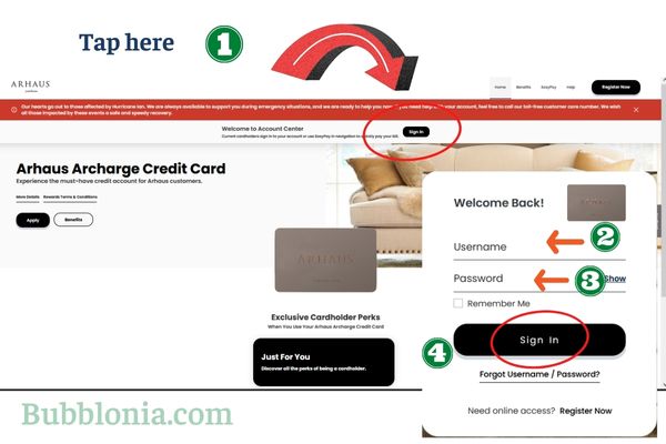 Instructions to access your Arhaus credit card account